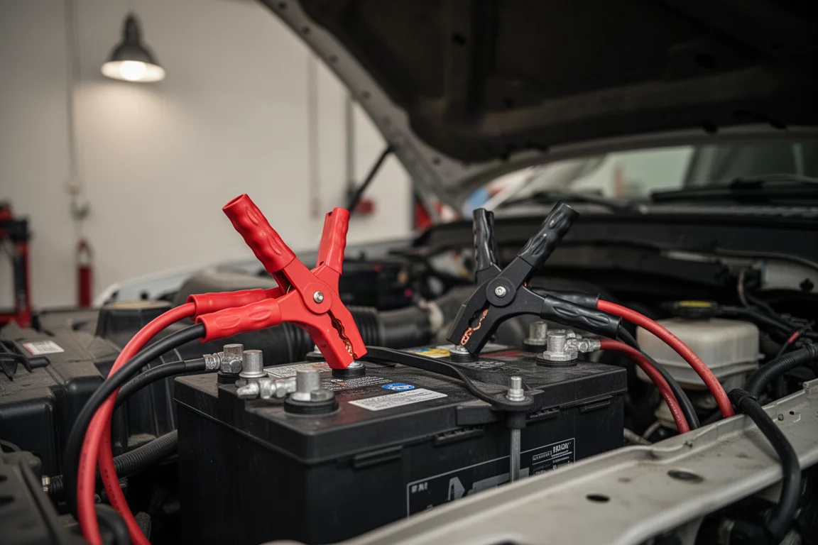 Battery charger clamps connected to a truck battery under an open hood