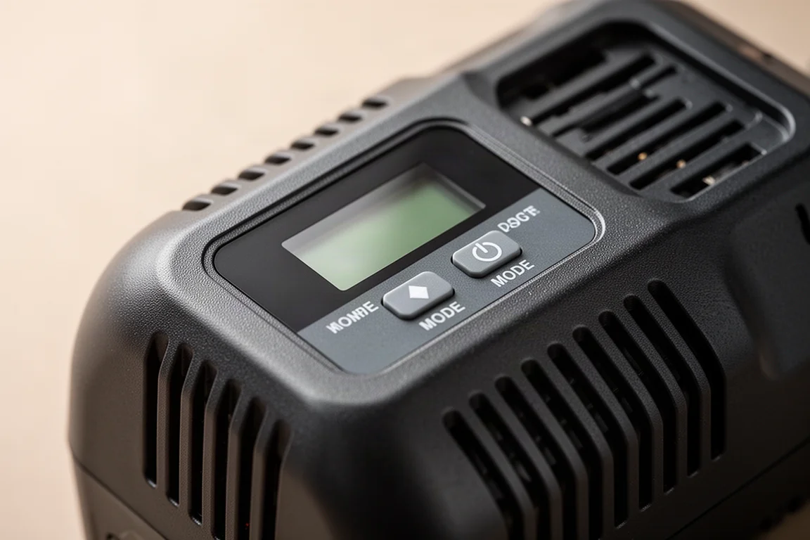 Close-up of battery charger control panel with charging mode indicator