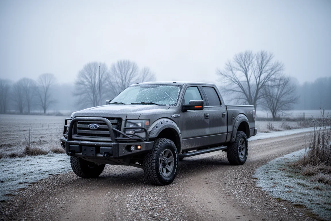 Pickup truck parked outdoors in a snowy rural landscape at dusk