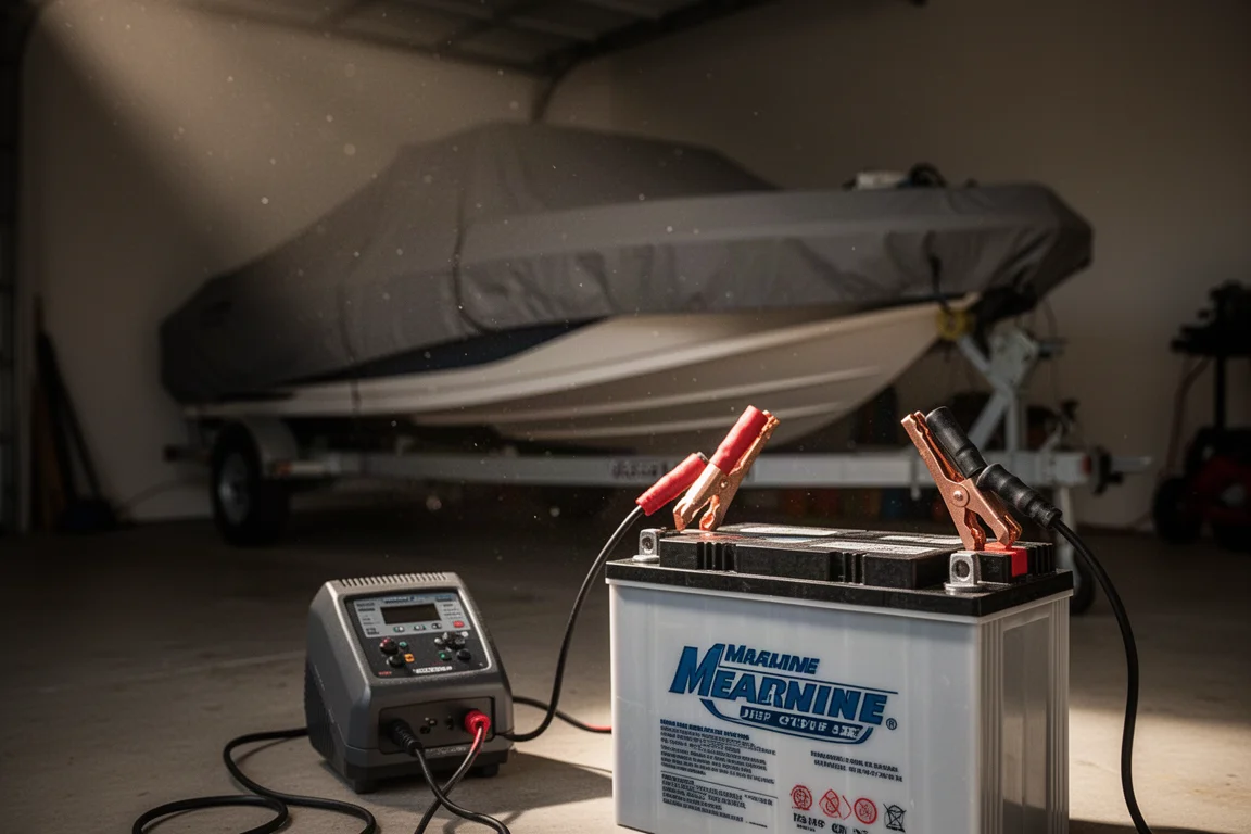 Battery charger connected to a boat battery during long-term storage