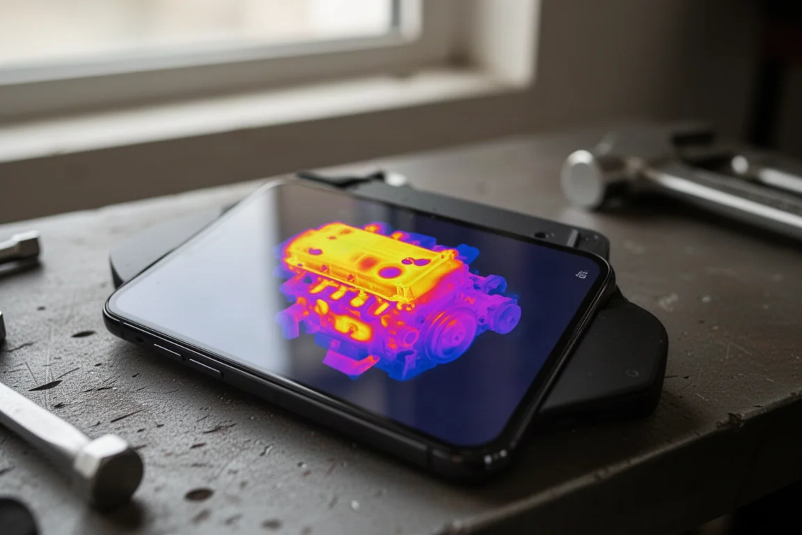 Thermal view of a small engine showing hot and cool areas in contrasting colors