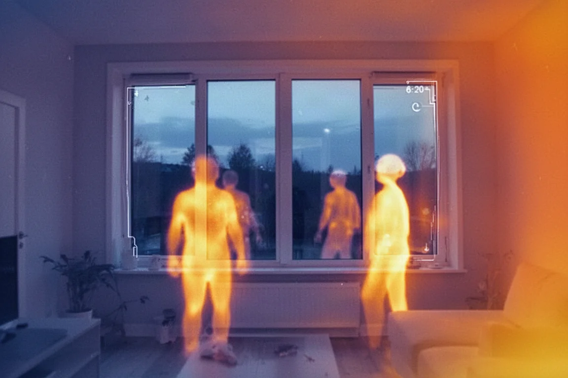 Thermal image showing people silhouetted through a window with reflections