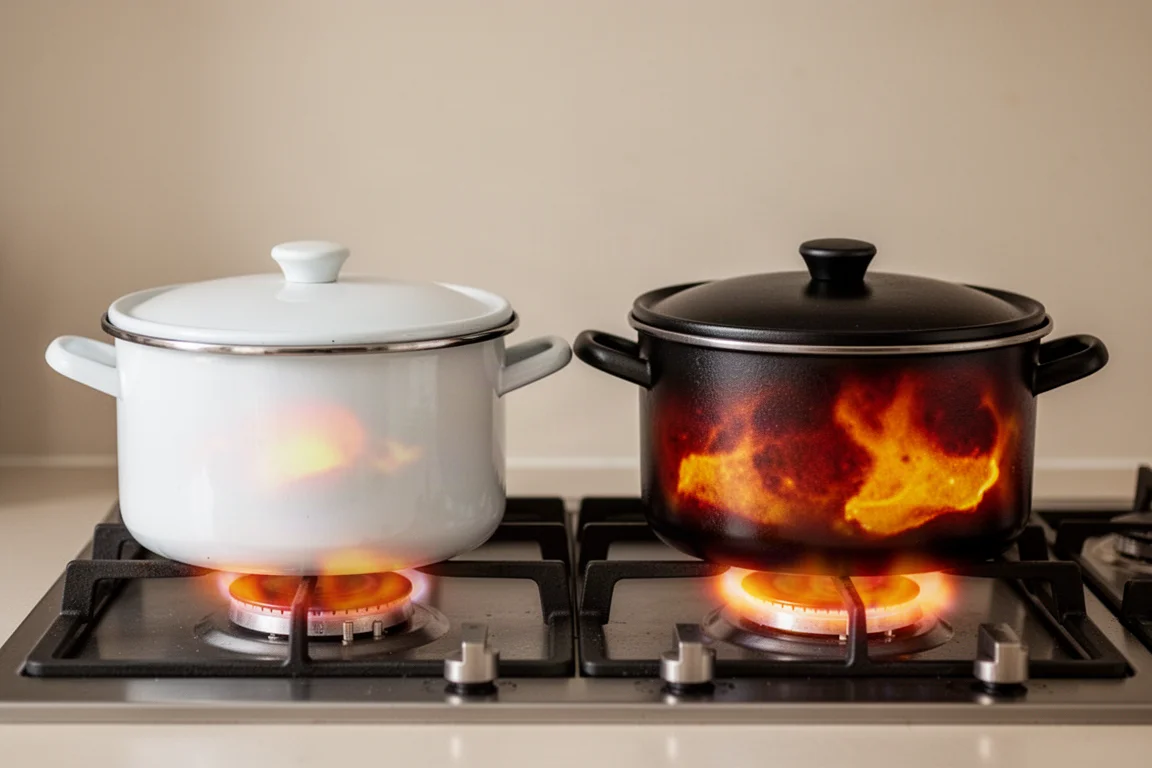 Two cooking pots on a stove showing different heat patterns in thermal view