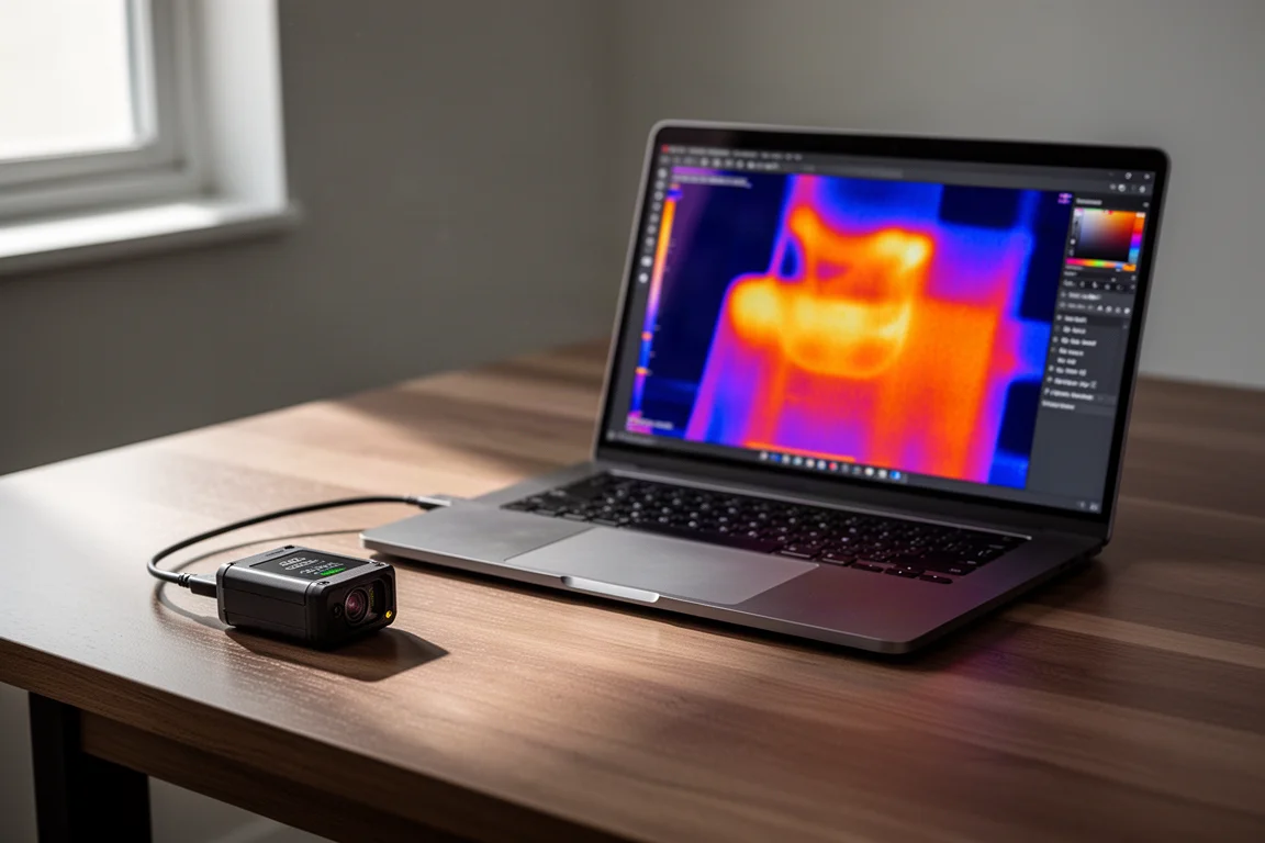 Thermal camera plugged into a laptop showing a live heat map on the screen