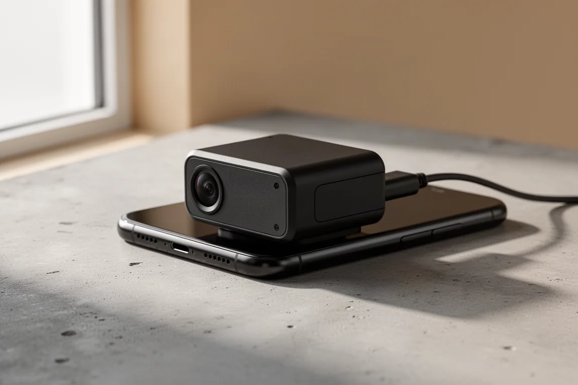 Compact thermal camera accessory plugged into a smartphone on a concrete surface