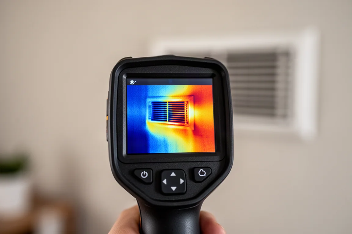 Pantalla de cámara térmica con mapa de calor en falso color de una rejilla de HVAC