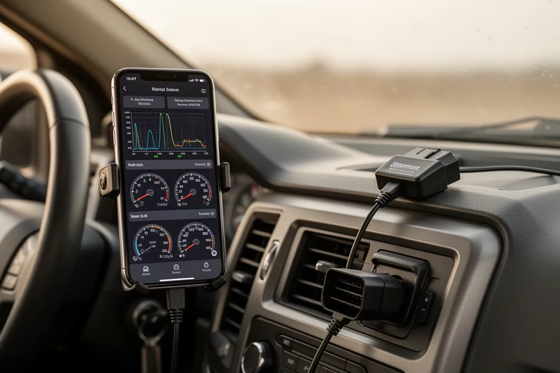 Smartphone running a vehicle diagnostic app connected to an OBD2 adapter in a truck cabin