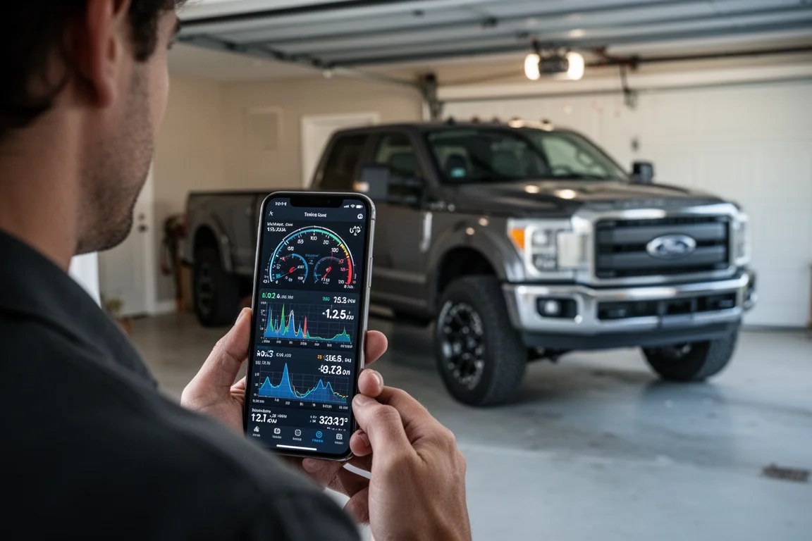 Live data gauges streaming on a diagnostic app inside a diesel pickup