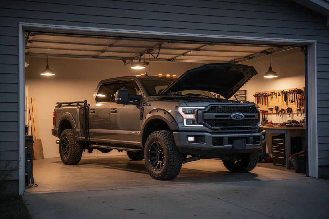 Diesel pickup truck parked in a home workshop garage at dusk