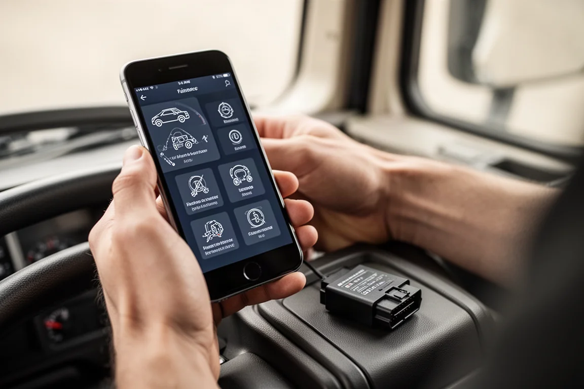 Hands using a diagnostic app while seated in a truck cab