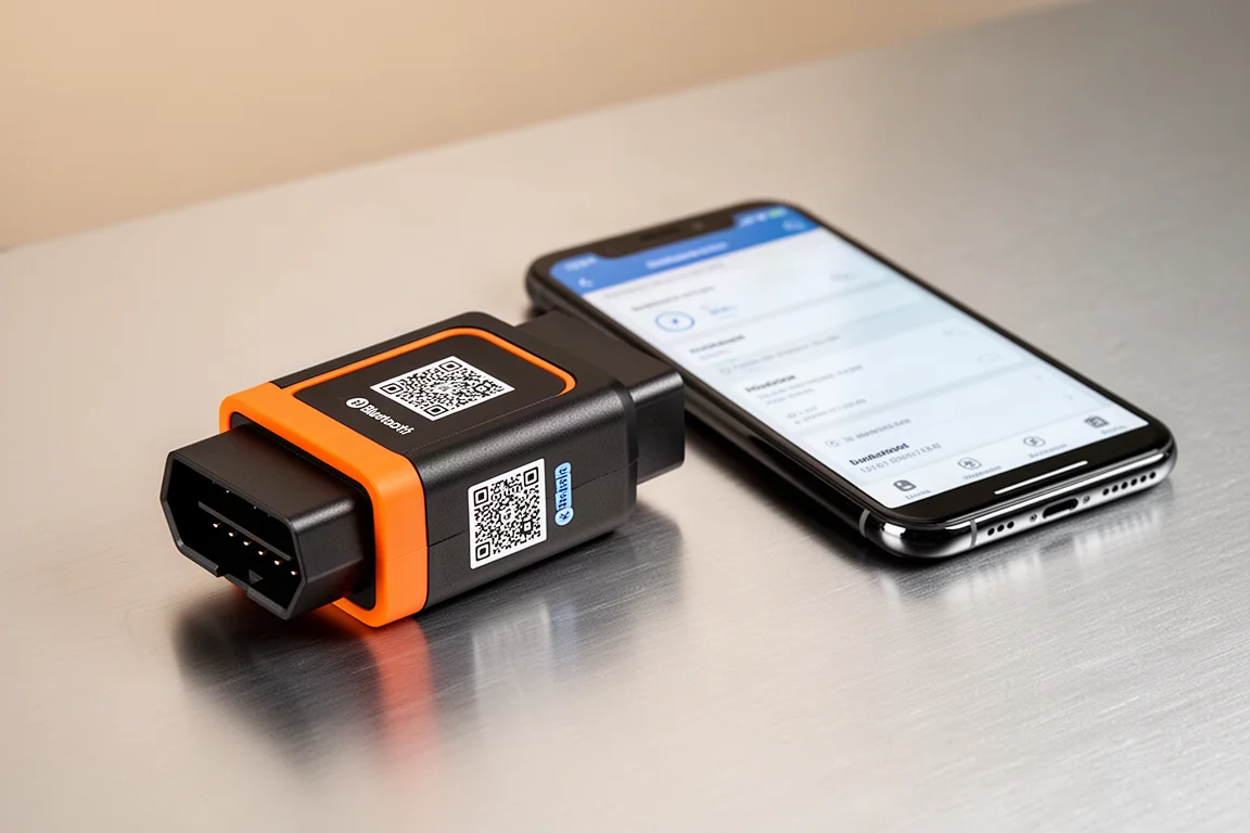 Compact Bluetooth OBD2 diagnostic adapter beside a smartphone on a brushed aluminium surface