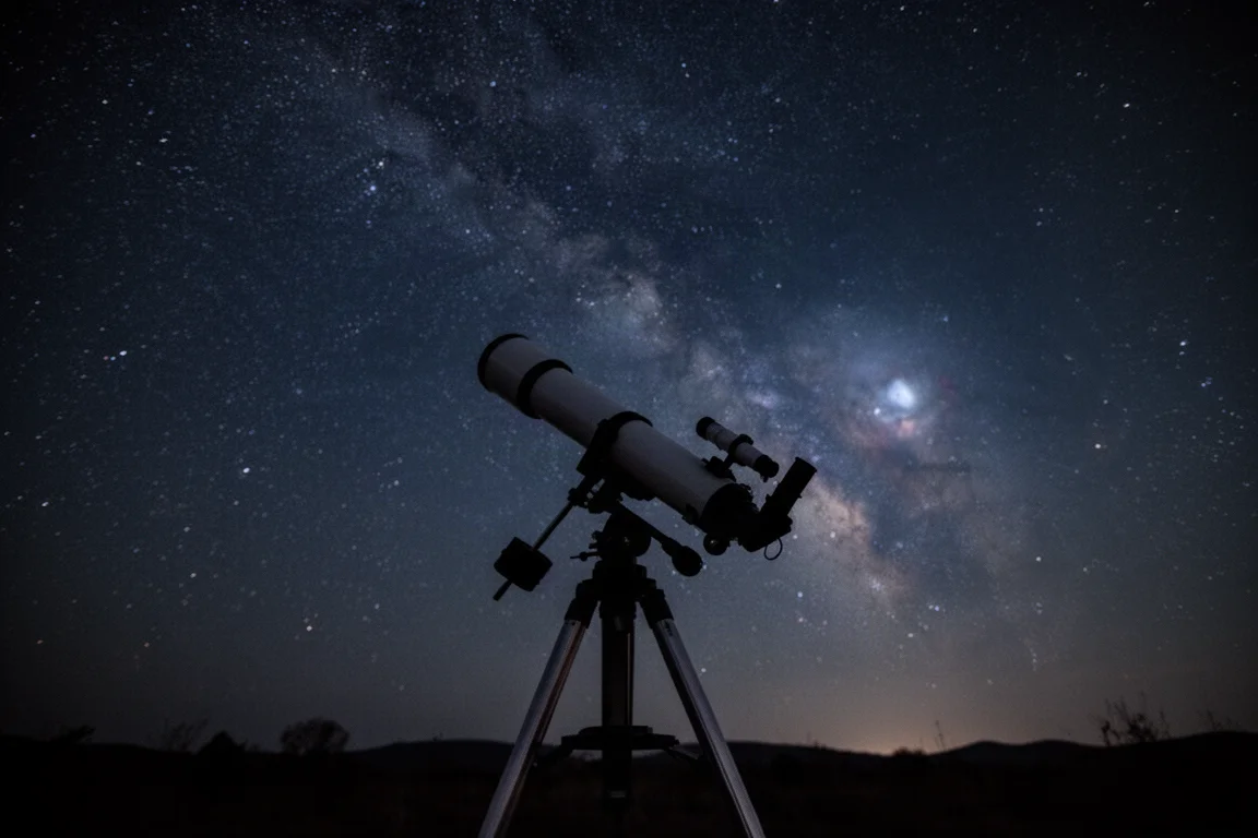 Configuración de astrofotografía con telescopio bajo un cielo nocturno oscuro con estrellas visibles