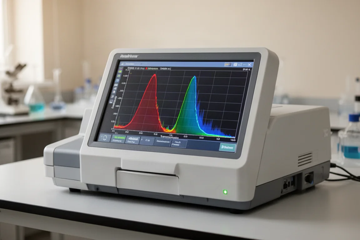Pantalla de gráfico de espectrofotómetro que muestra curvas de transmisión para un filtro de banda estrecha
