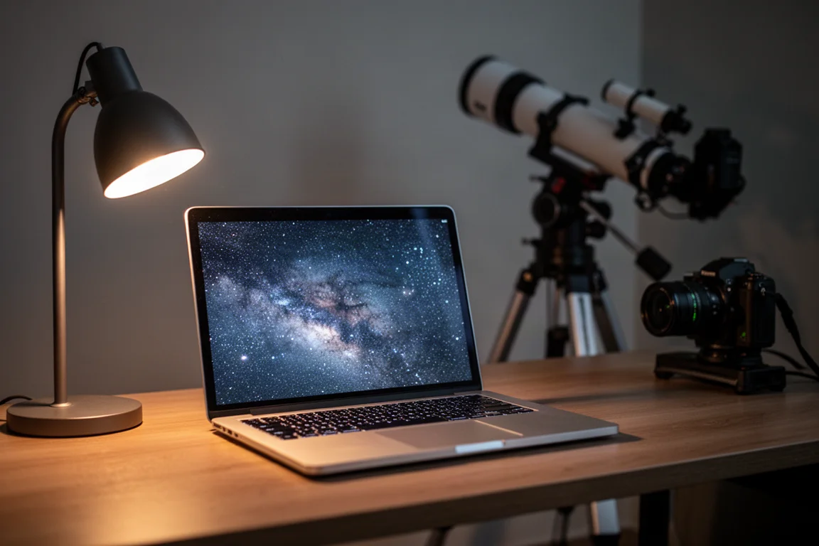 Astrofotógrafo revisando datos en una computadora portátil en un escritorio con equipo de telescopio cercano