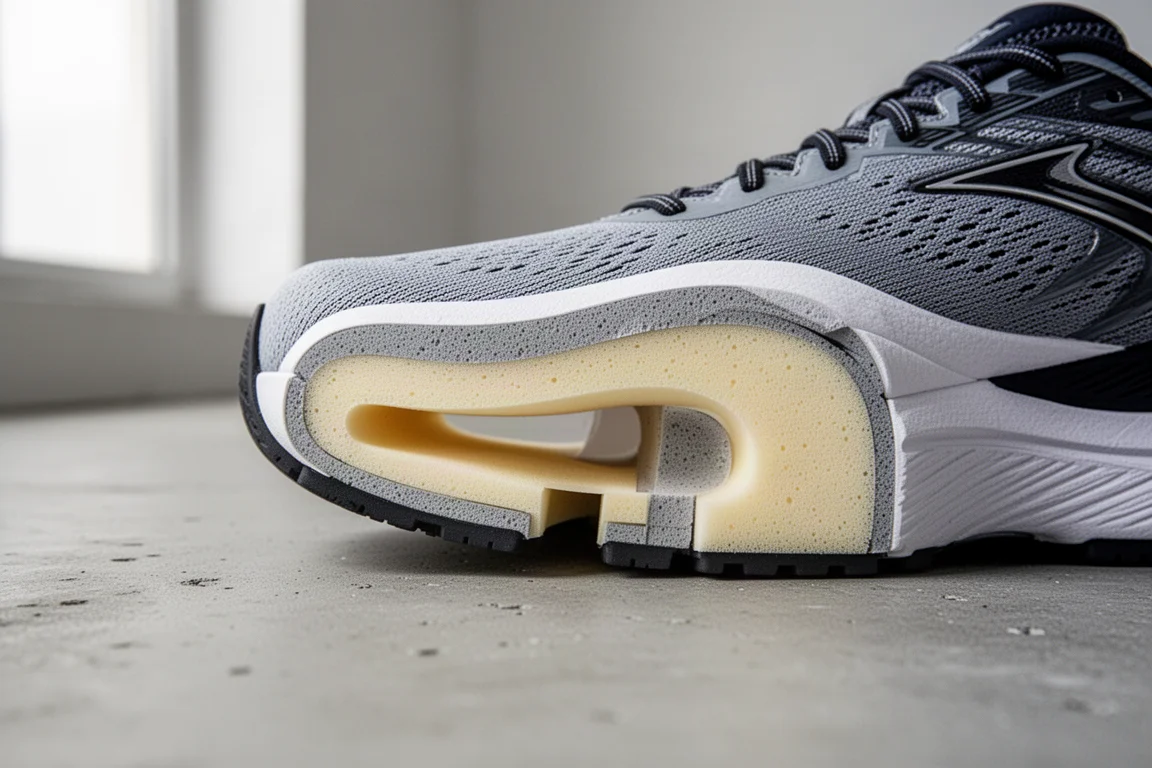 Gros plan sur une semelle intercalaire épaisse et sculptée de chaussure de running montrant les couches de mousse à double densité