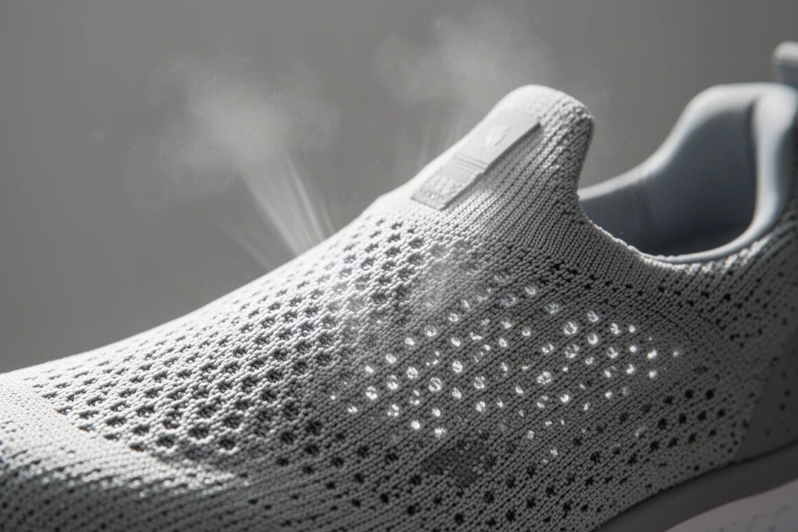 Gros plan sur la tige en mesh tissé léger d'une chaussure de running montrant la respirabilité