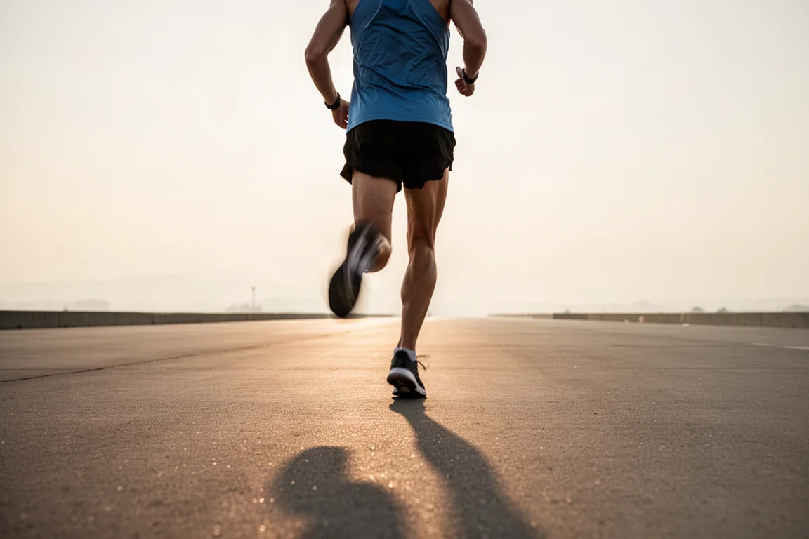 Coureur en allure tempo sur une chaussée lisse et dégagée dans une douce lumière du matin