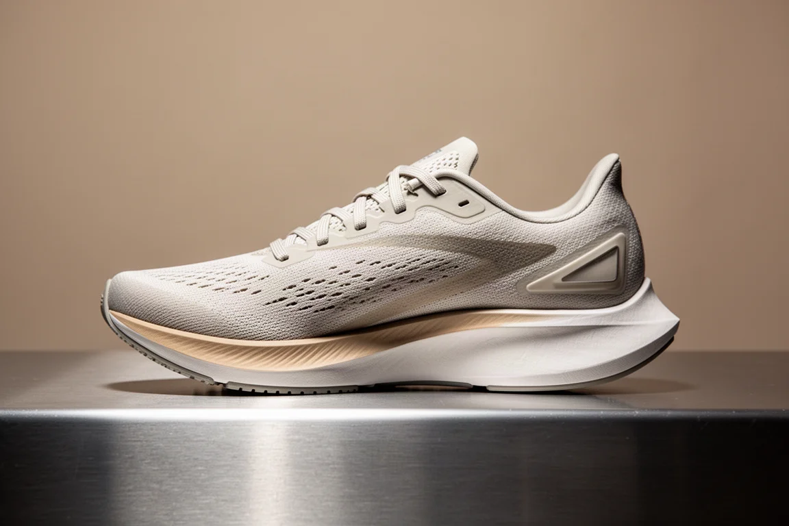 Profil d'une chaussure de running légère montrant une semelle extérieure fine et une semelle intercalaire effilée