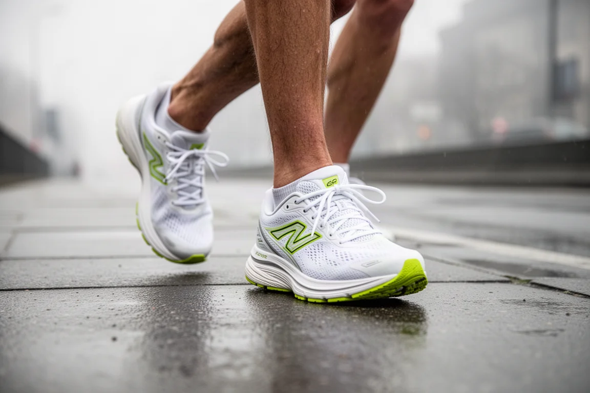 Voeten van een loper in witte gecushionde loopschoenen die over nat plaveisel stappen