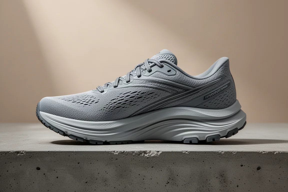 Dicke tussenzool van een loopschoen met zichtbare rocker-curve op beton