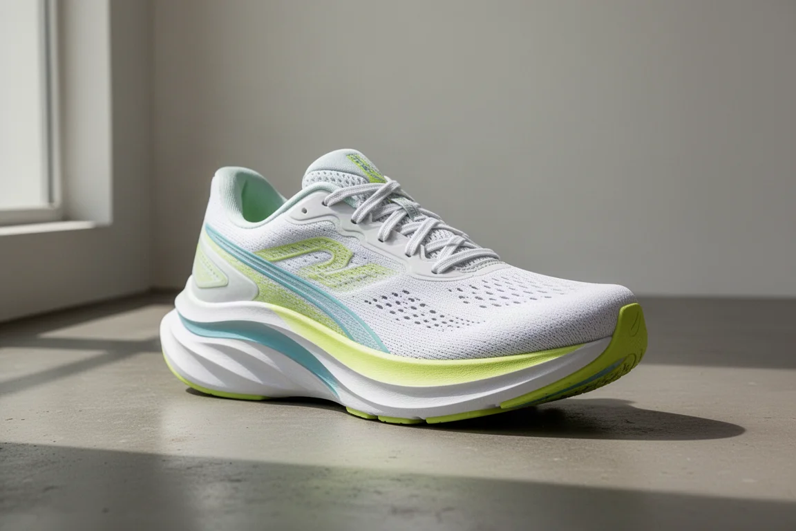 Scarpa da running stradale bianca e lime con cushioning massimo su una superficie in cemento