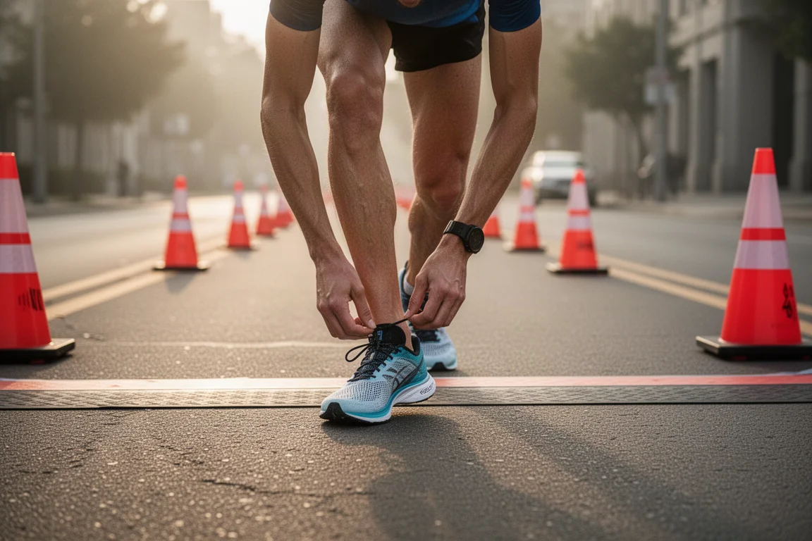 跑者在起跑线附近为 10K 比赛做准备，胸前别着号码布