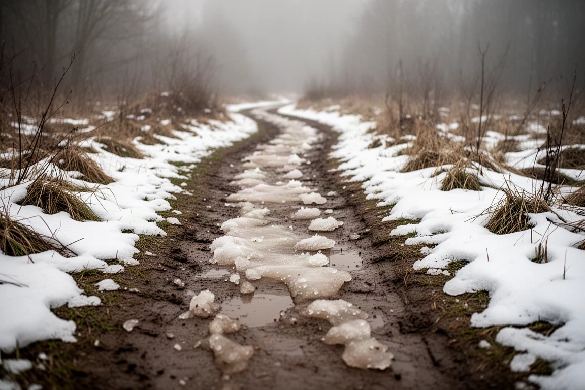 Condições de trilha com lama e neve em um caminho molhado de montanha