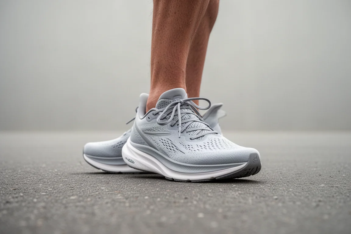 Close-up van een voet die landt in een laaggeprofielde zero drop hardloopschoen
