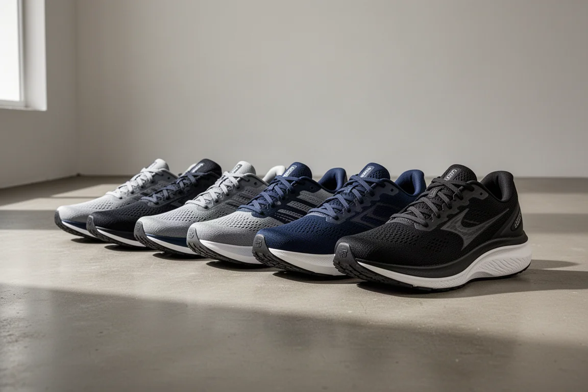 Lineup of seven Topo Athletic road running shoes on a concrete studio floor