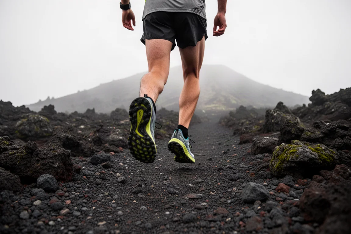 Trailrunner mitten im Laufschritt auf einem rauen Vulkanpfad mit lockerem Schotter unter den Füßen