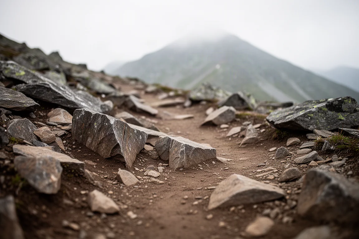 Scharfe, kantige Steine, die über einen hart gepackten Bergpfad verstreut sind