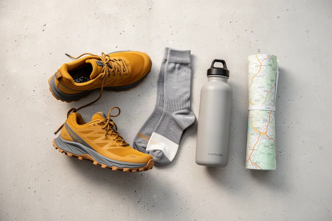 Flache Anordnung von Trailrunning-Ausrüstung auf einer Betonfläche