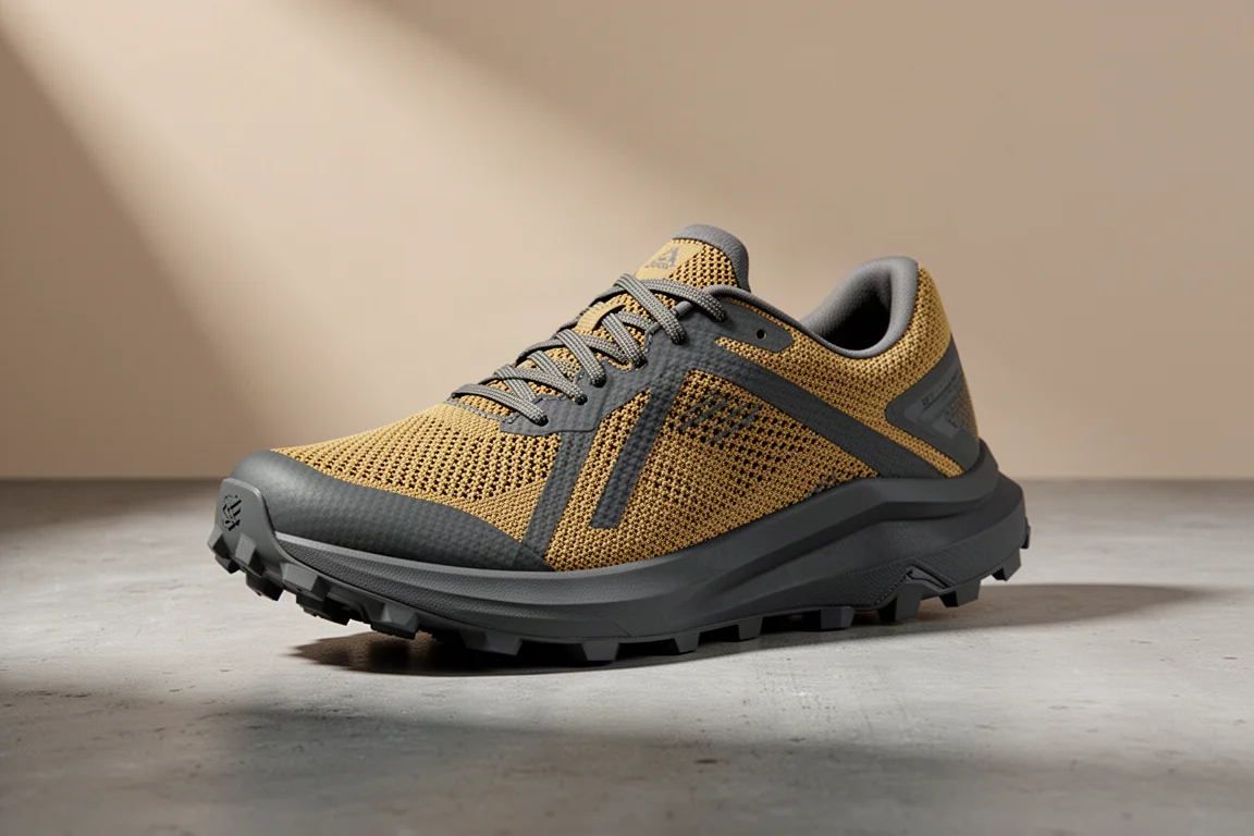 Low-profile mustard and grey trail running shoe on a matte concrete surface