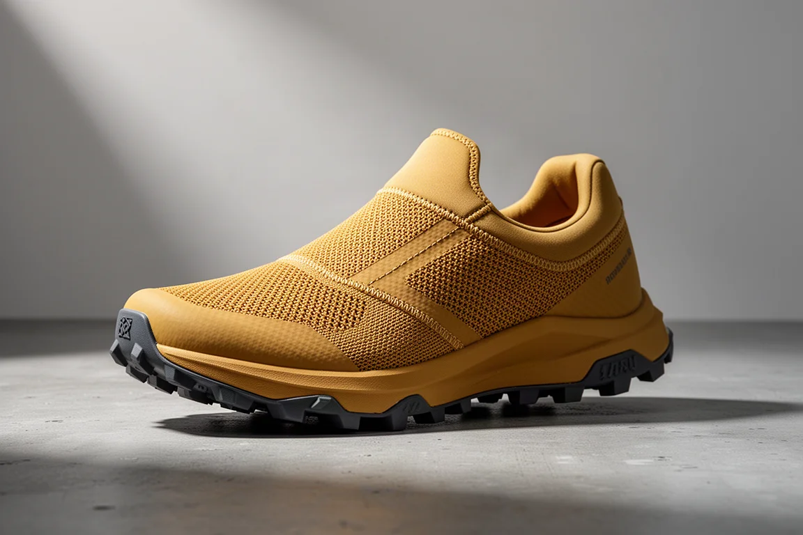 Scarpa da trail running giallo senape dal profilo basso su una superficie di cemento opaco