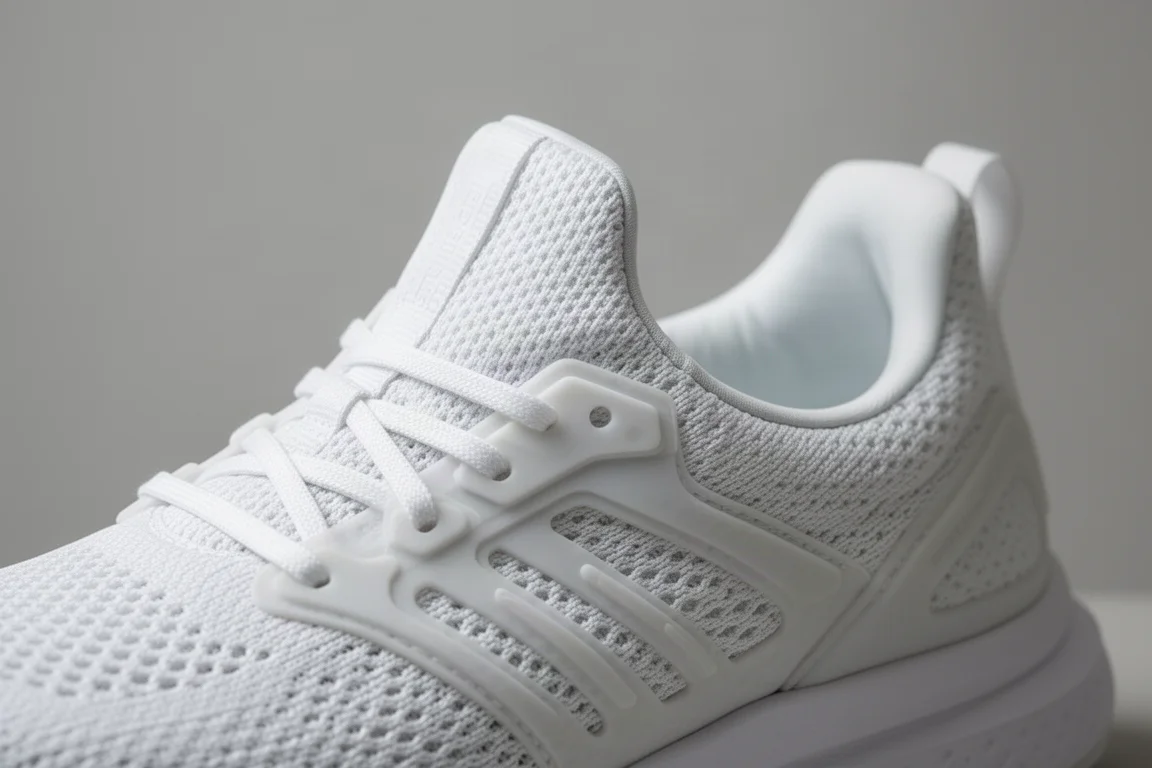 Close-up of the breathable engineered mesh upper on a white running shoe