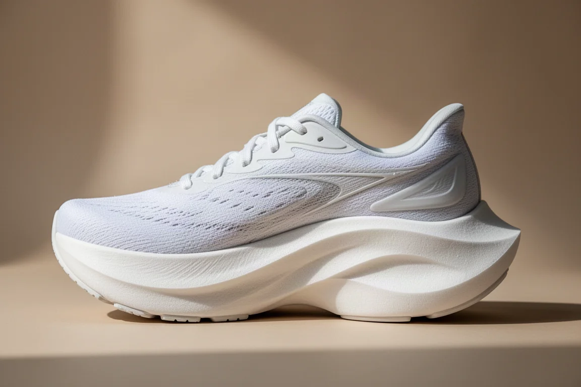Side view of a thick white midsole foam on a running shoe