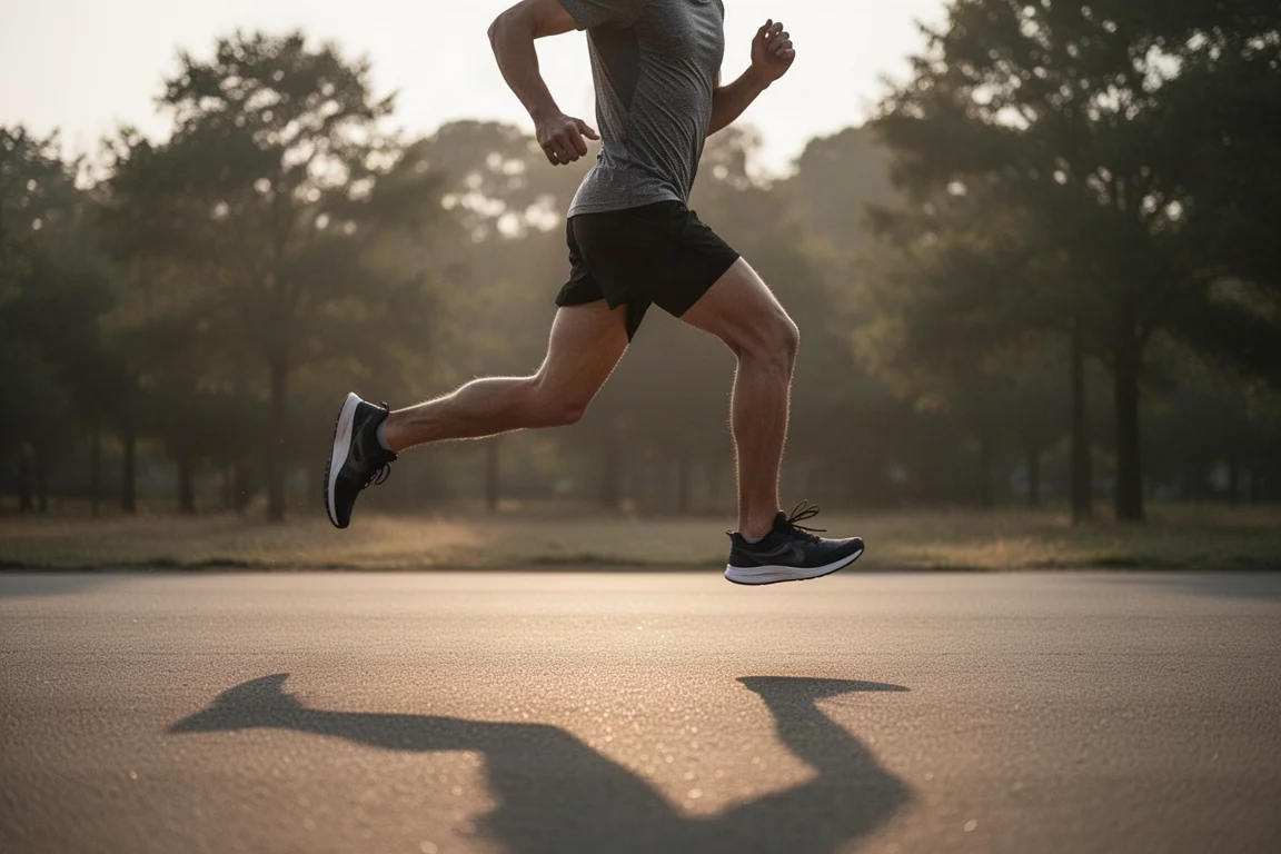 Runner picking up the pace on an open paved path in soft evening light
