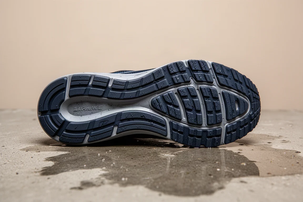 Dark rubber outsole pattern of a running shoe shown on a concrete surface