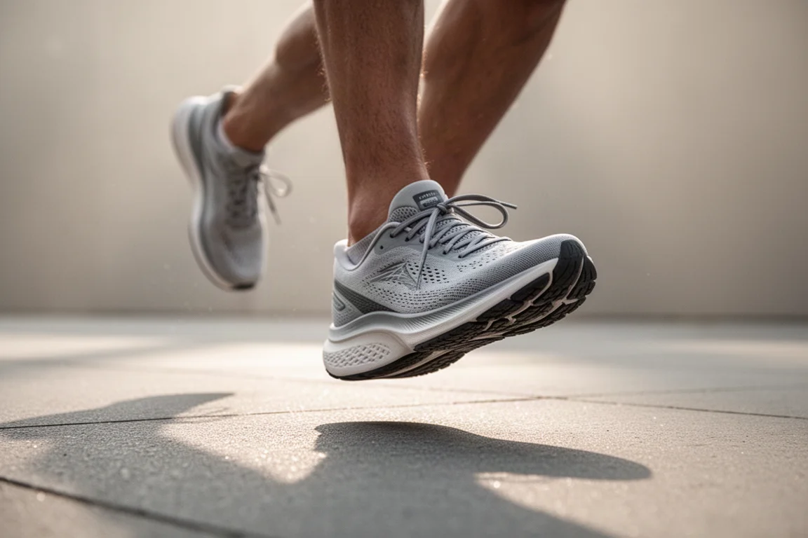 Fuß eines Läufers in einem Schuh mit breiter Zehenbox auf glattem Asphalt