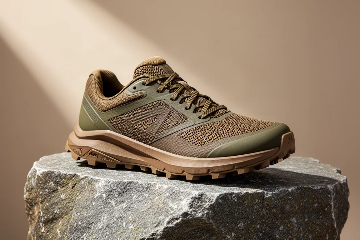 Trail running shoe with mesh upper and lugged outsole resting on weathered granite