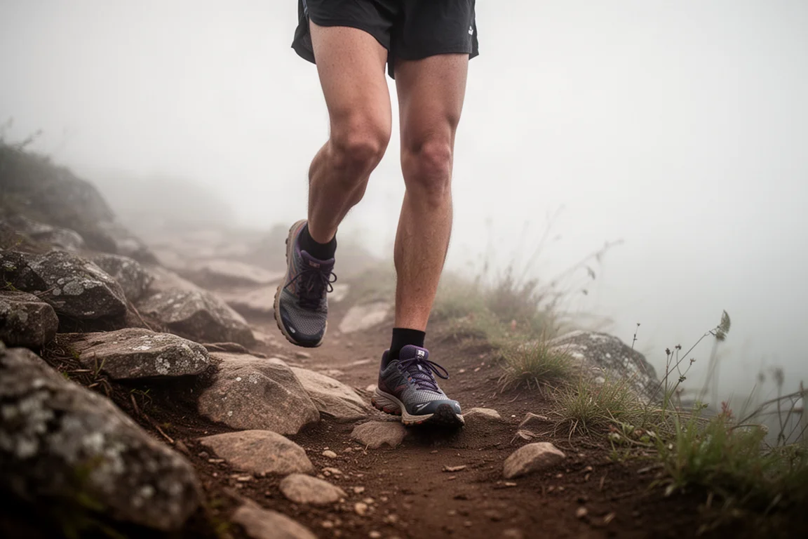 Trail runner su un sentiero singletrack roccioso nella morbida luce del mattino