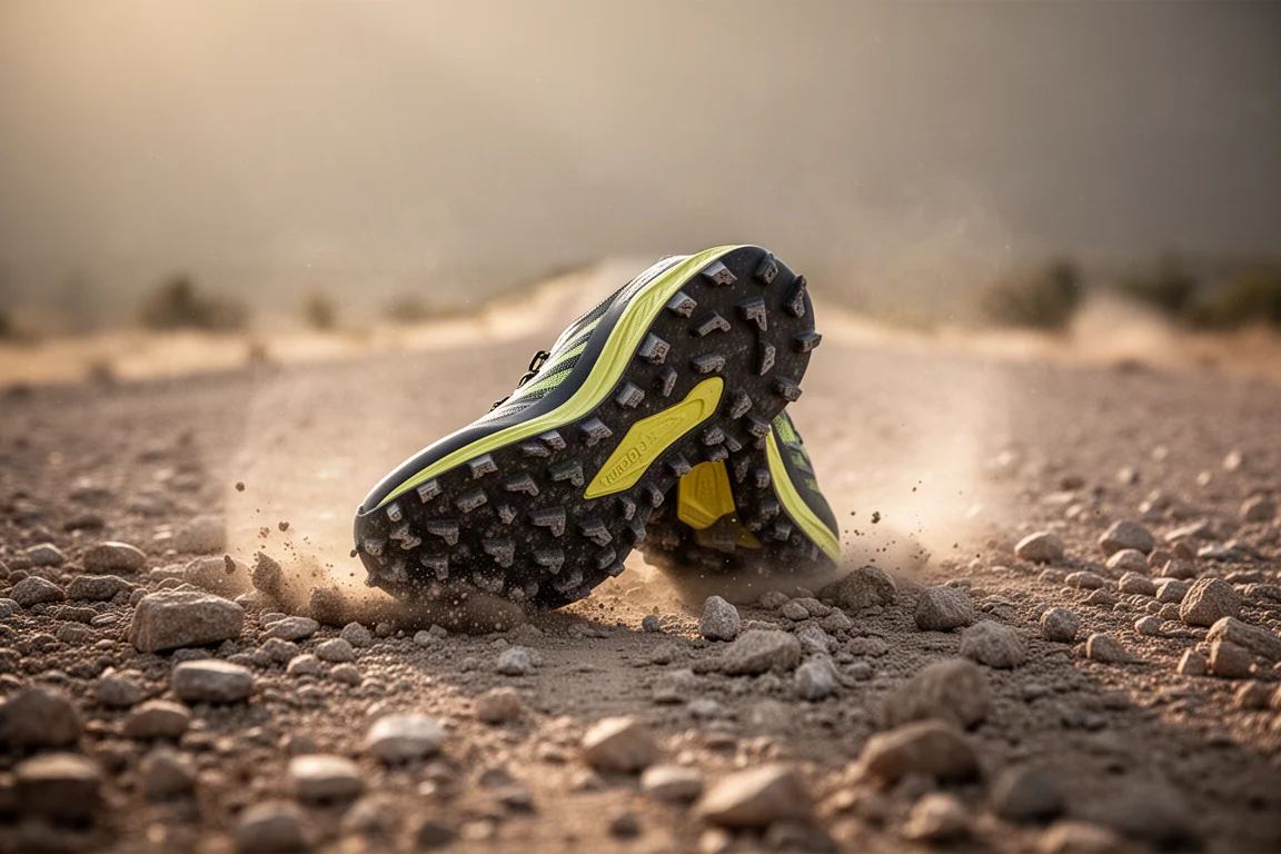 Suola di una scarpa da trail che aderisce a ghiaia sciolta su una strada forestale all'ora dorata