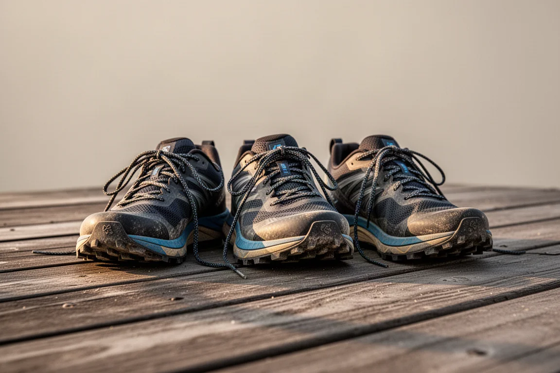 Tre scarpe da trail appoggiate fianco a fianco su un ponte di legno dopo una corsa