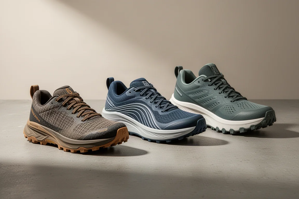 Tre scarpe da trail running Topo Athletic disposte su una superficie di cemento