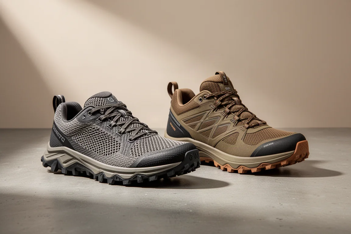 Two Topo Athletic trail shoes side by side on a concrete surface