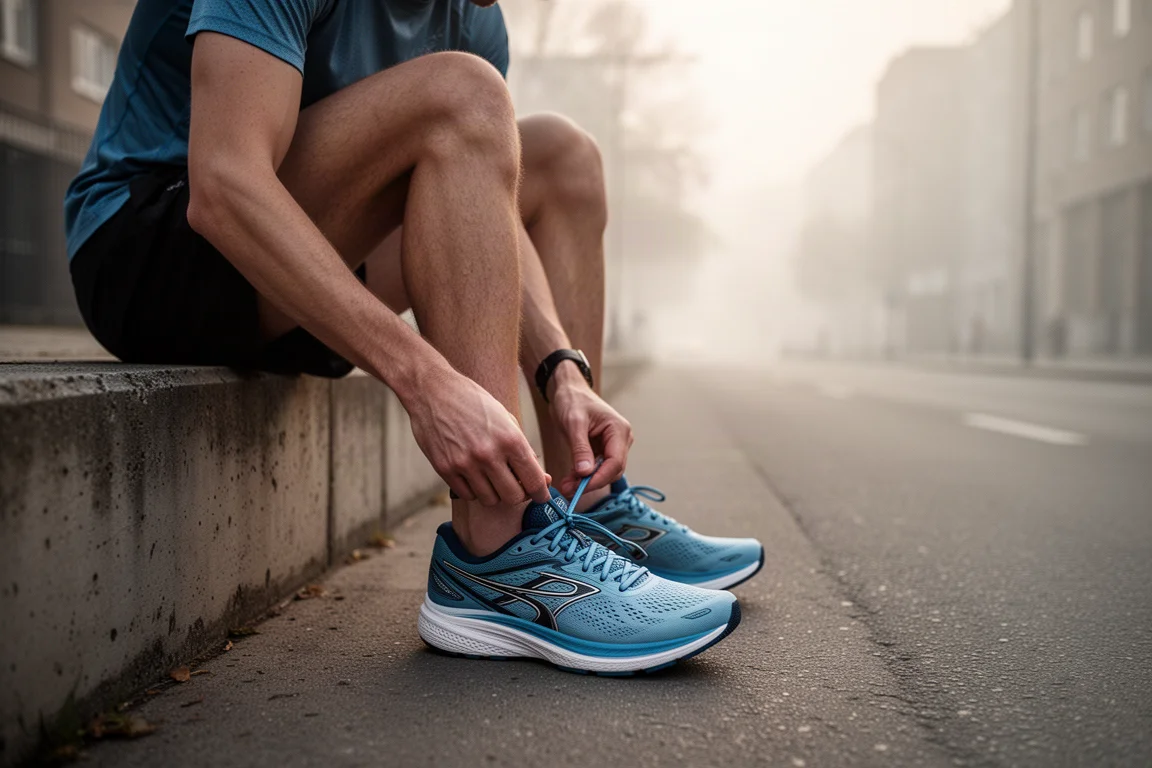 Runner lacing up road running shoes on a city sidewalk at dawn