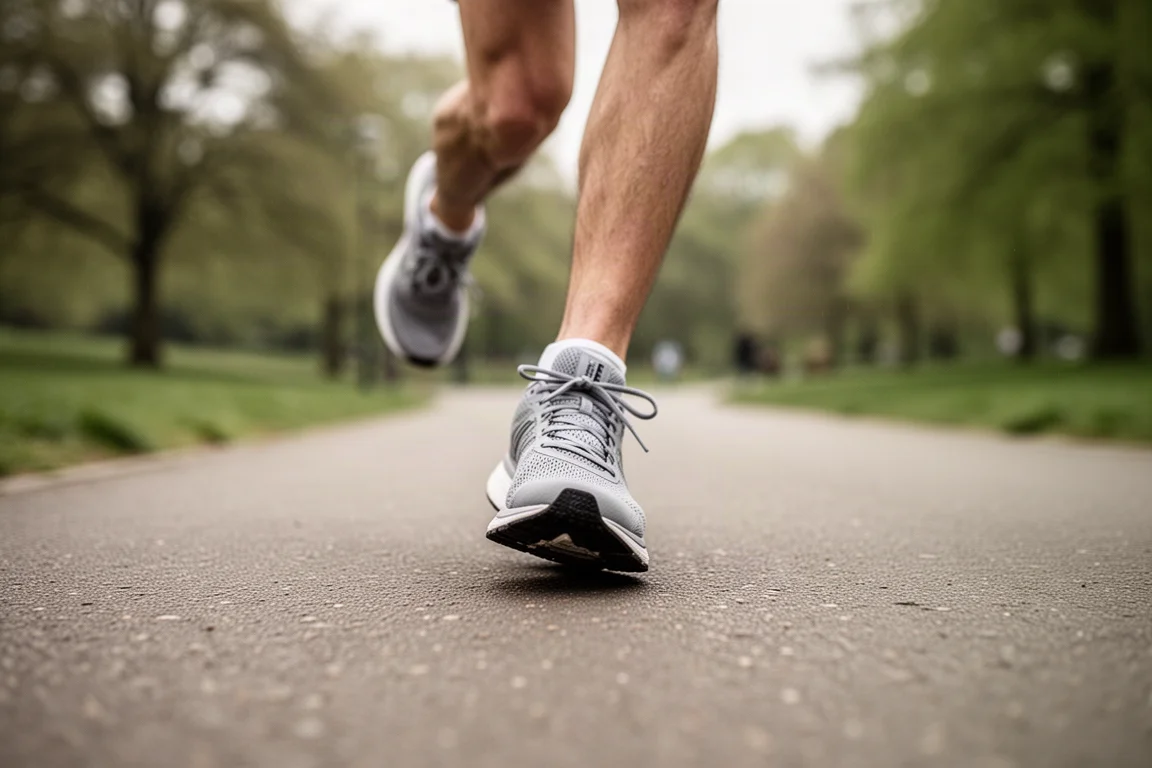 Runner's feet mid-stride on paved park path in soft daylight