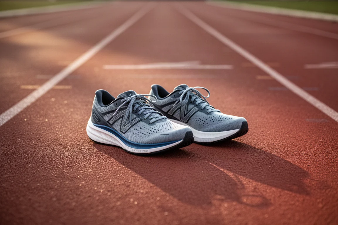 Pair of road running shoes resting on a track lane after a run