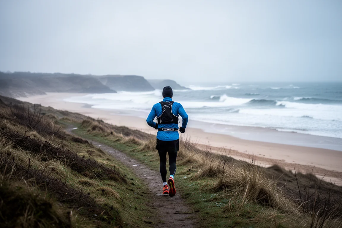 Trail runner walking along a coastal path with surfers in the ocean in the background