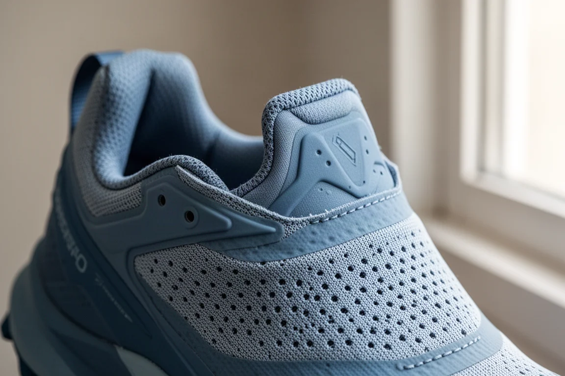 Close-up of the dual-layer perforated mesh upper and ankle collar of a trail running shoe